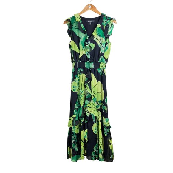 White House Black Market Green Tropical Leaf Print Black Chiffon Ruffle Dress - Picture 7 of 10